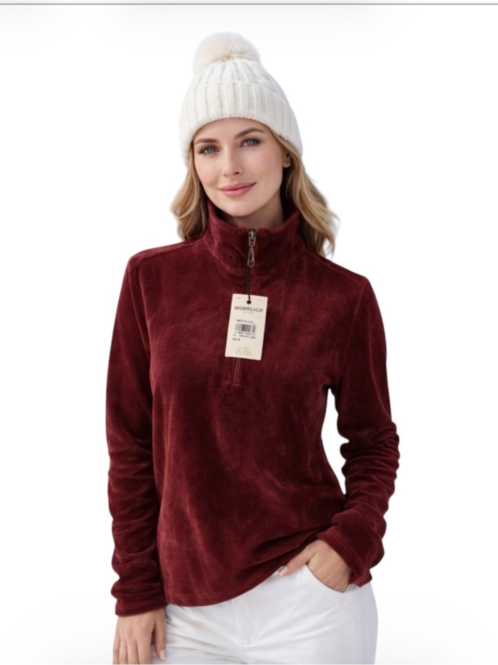 Woolrich Burgundy Velvet Half‑Zip Mock Neck | Women’s M | Winter Ski Cabin Layer